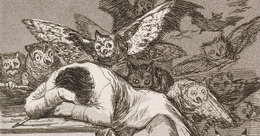 Francisco de Goya, Der Schlaf der Vernunft gebiert Ungeheuer: Ein Mann schläft am Tisch, Eulen und Fledermäuse umschwirren ihn