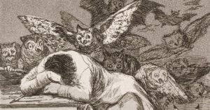 Francisco de Goya, Der Schlaf der Vernunft gebiert Ungeheuer: Ein Mann schläft am Tisch, Eulen und Fledermäuse umschwirren ihn
