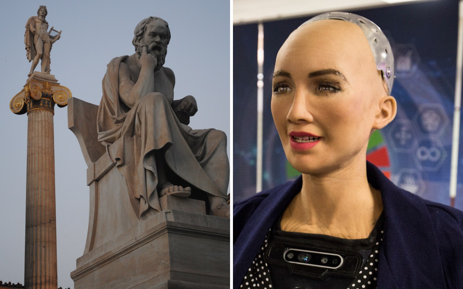 Sokrates-Statue an einer Marmorsäule im Blickkontakt mit einer KI-Androidin